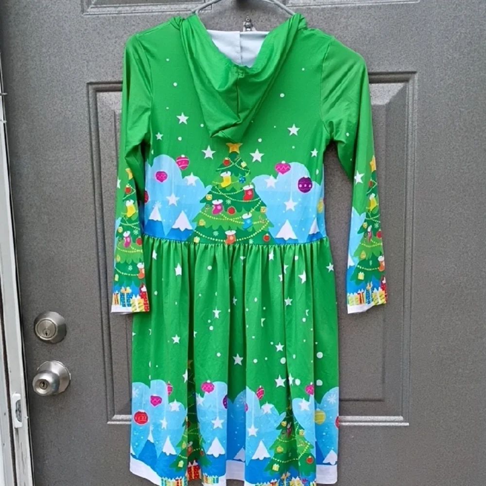 Festive Green Christmas Tree Dress Girls Size 12 With Hood